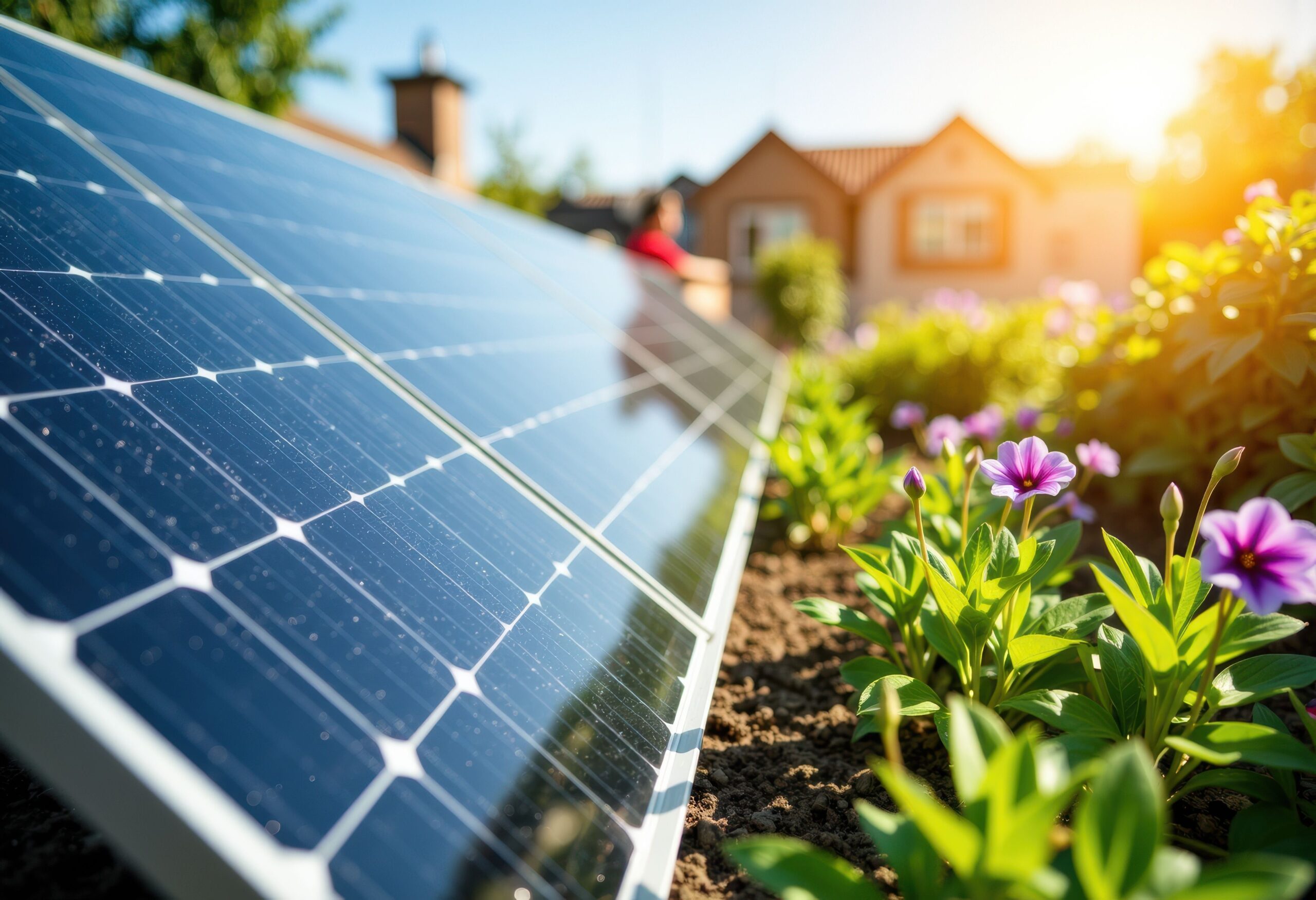 Solarmodule in einem Garten mit blühenden Blumen und einem Haus
