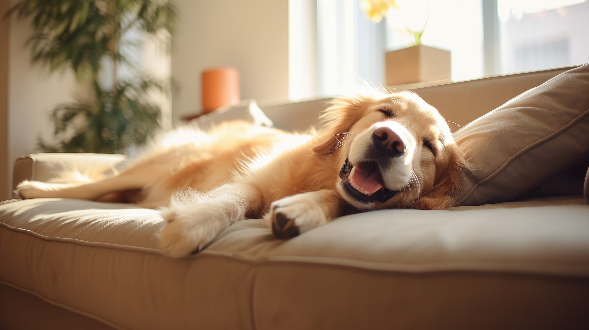 Hund liegt entspannt auf Sofa | Hunde Nassfutter mit hohem Fleischanteil
