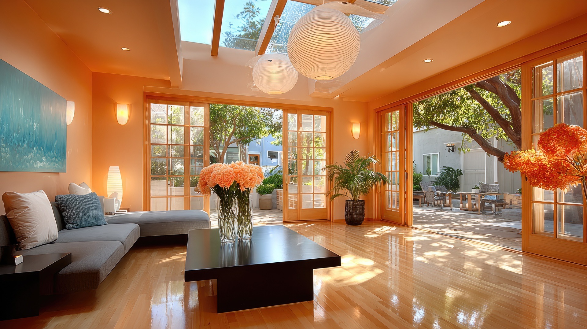 Helles Wohnzimmer mit Glasfront, Sofa und Pflanzen | Kommode Wohnzimmer